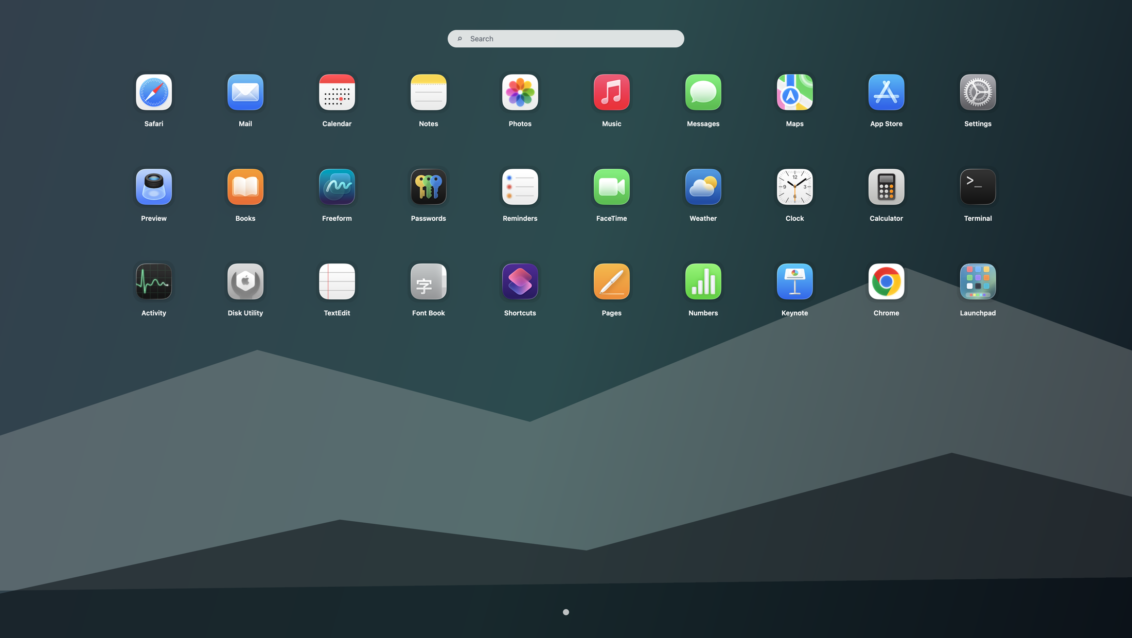 Launchpad showing a fullscreen grid of Mac applications